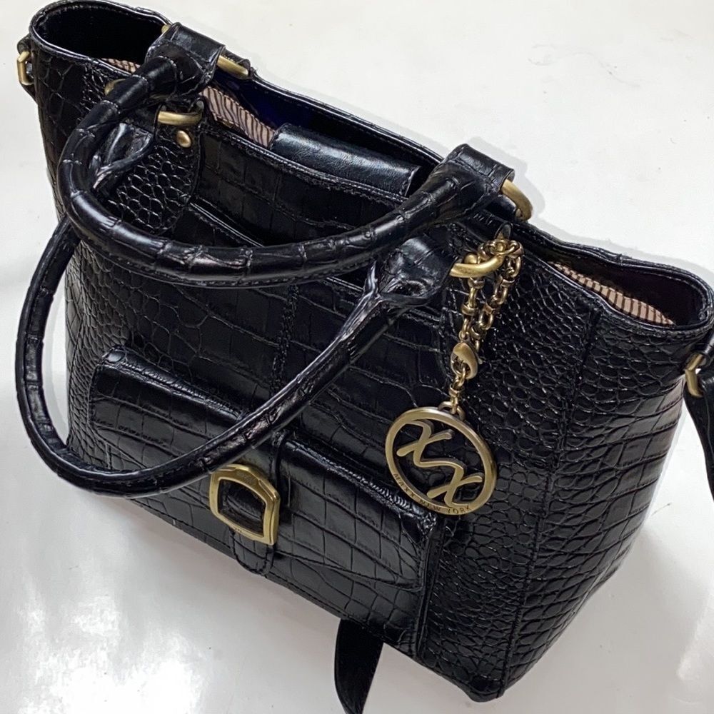 Max Black Croco Embossed 💯 Genuine Leather Handbag & Crossbody Woman Bag